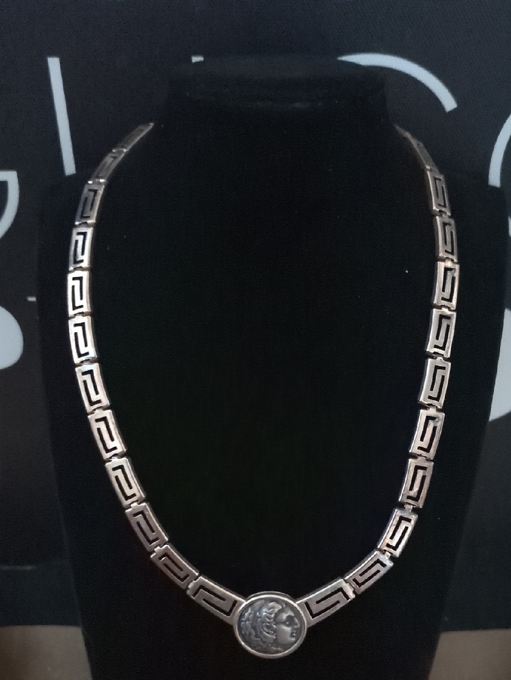 Vintage 925 Sterling Silver Greek Key Meander Choker Necklace Athen Coin Pendant